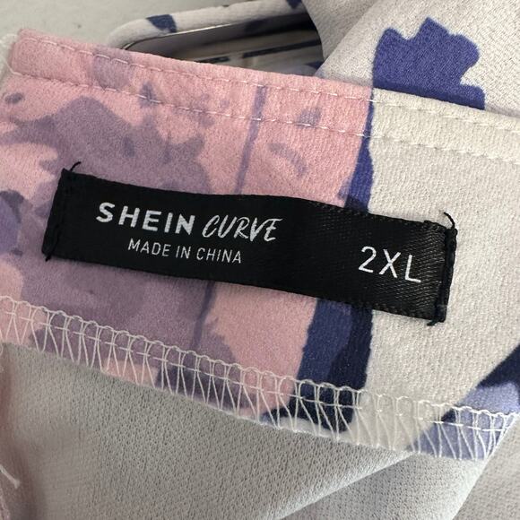 Shein Curve Midi Dress Womens 2XL Pink Blue Abstract Print Puff Sleeve Belted - Picture 7 of 9